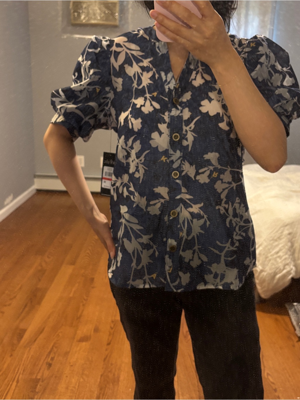 Nwt Karl Lagerfeld Paris Blue/Navy Floral Puff Sleeve Top Blouse